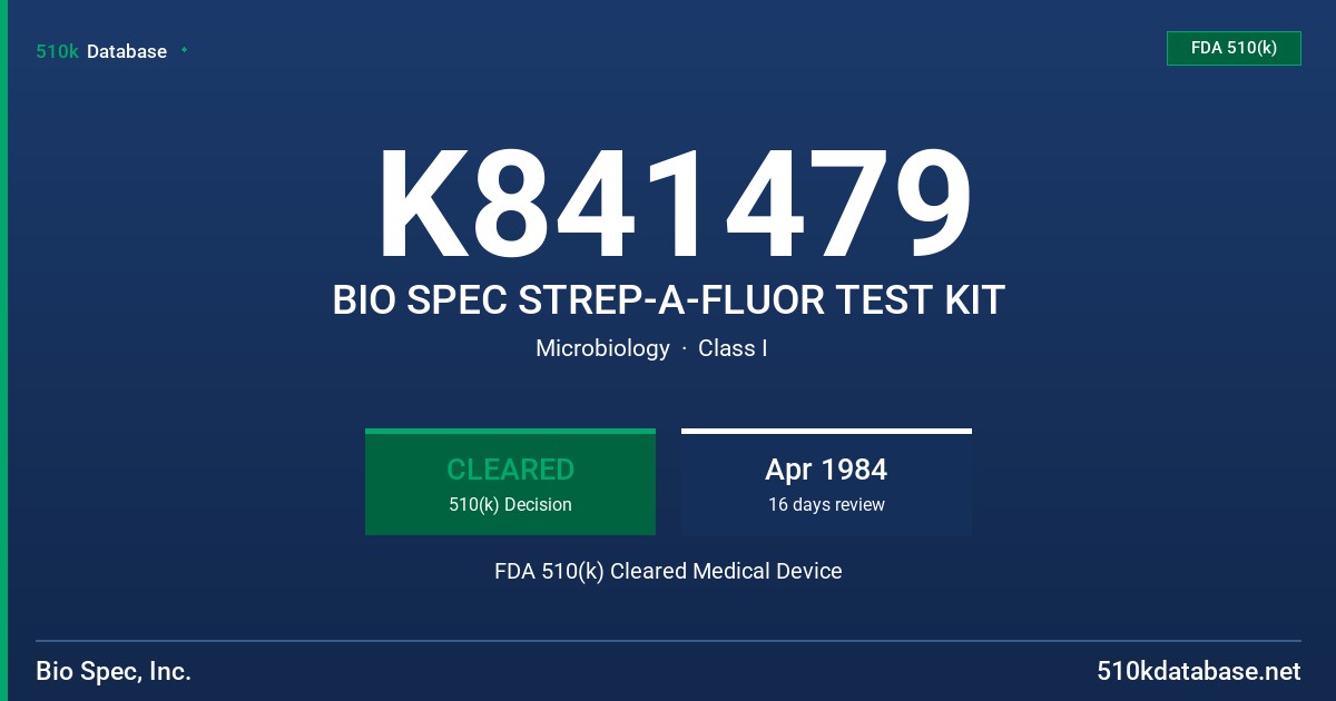 K841479 BIO SPEC STREP-A-FLUOR TEST KIT FDA 510(k) Cleared Medical Device