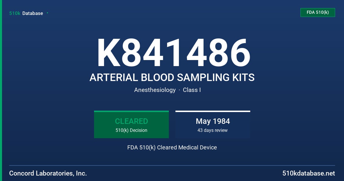 K841486 ARTERIAL BLOOD SAMPLING KITS FDA 510(k) Cleared Medical Device