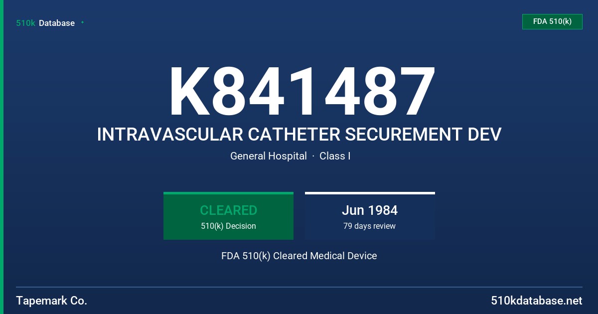 K841487 INTRAVASCULAR CATHETER SECUREMENT DEV FDA 510(k) Cleared Medical Device