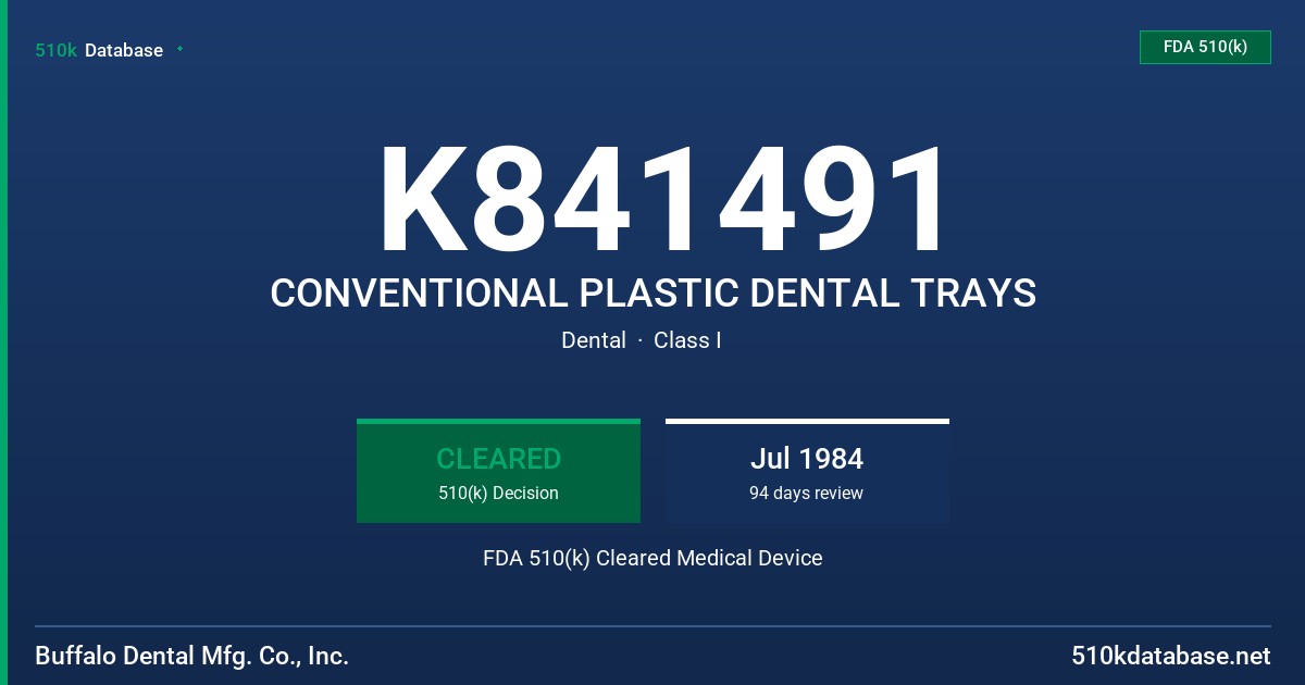 K841491 CONVENTIONAL PLASTIC DENTAL TRAYS FDA 510(k) Cleared Medical Device