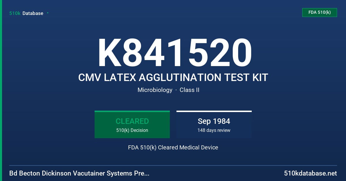 K841520 CMV LATEX AGGLUTINATION TEST KIT FDA 510(k) Cleared Medical Device