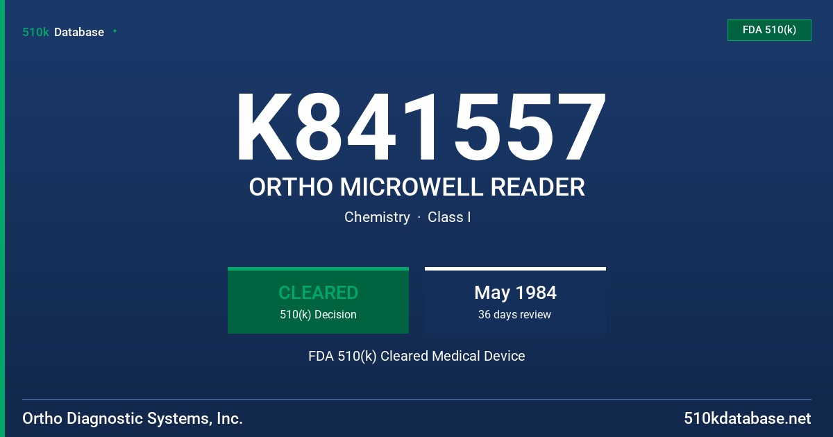 K841557 ORTHO MICROWELL READER FDA 510(k) Cleared Medical Device