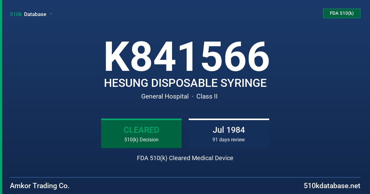 K841566 HESUNG DISPOSABLE SYRINGE FDA 510(k) Cleared Medical Device