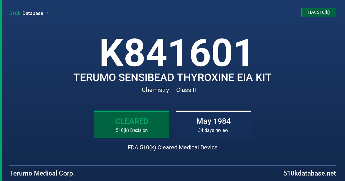 K841601 TERUMO SENSIBEAD THYROXINE EIA KIT FDA 510(k) Cleared Medical Device
