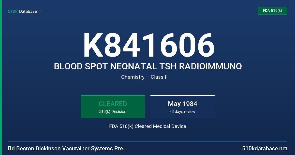 K841606 BLOOD SPOT NEONATAL TSH RADIOIMMUNO FDA 510(k) Cleared Medical Device