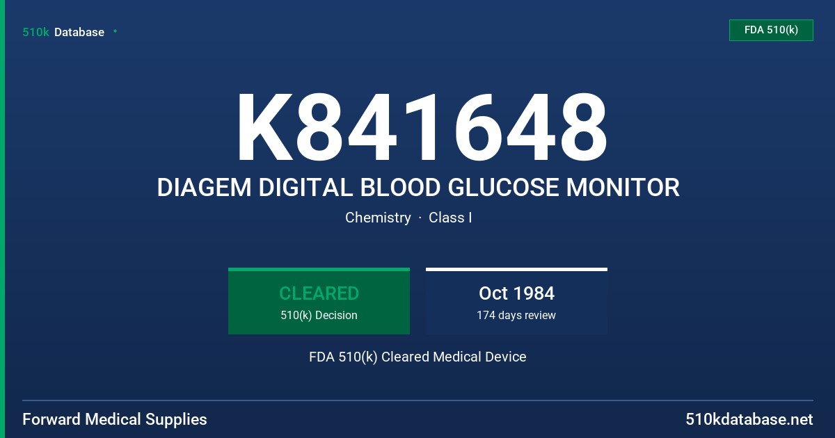 K841648 DIAGEM DIGITAL BLOOD GLUCOSE MONITOR FDA 510(k) Cleared Medical Device