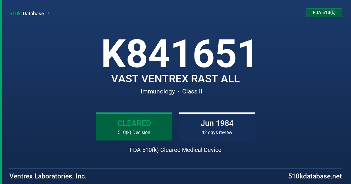K841651 VAST VENTREX RAST ALL FDA 510(k) Cleared Medical Device