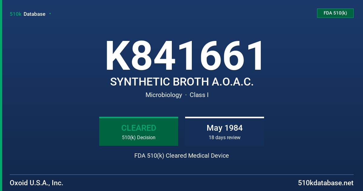 K841661 SYNTHETIC BROTH A.O.A.C. FDA 510(k) Cleared Medical Device