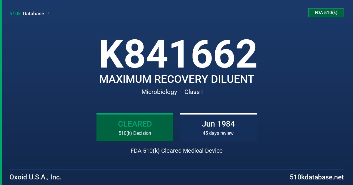 K841662 MAXIMUM RECOVERY DILUENT FDA 510(k) Cleared Medical Device