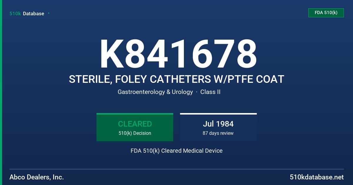 K841678 STERILE, FOLEY CATHETERS W/PTFE COAT FDA 510(k) Cleared Medical Device