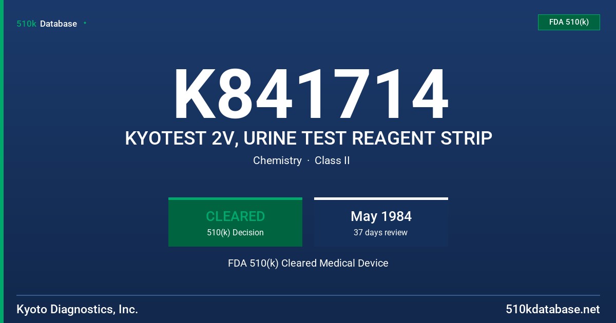 K841714 KYOTEST 2V, URINE TEST REAGENT STRIP FDA 510(k) Cleared Medical Device