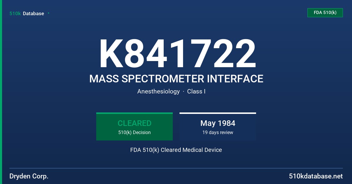 K841722 MASS SPECTROMETER INTERFACE FDA 510(k) Cleared Medical Device