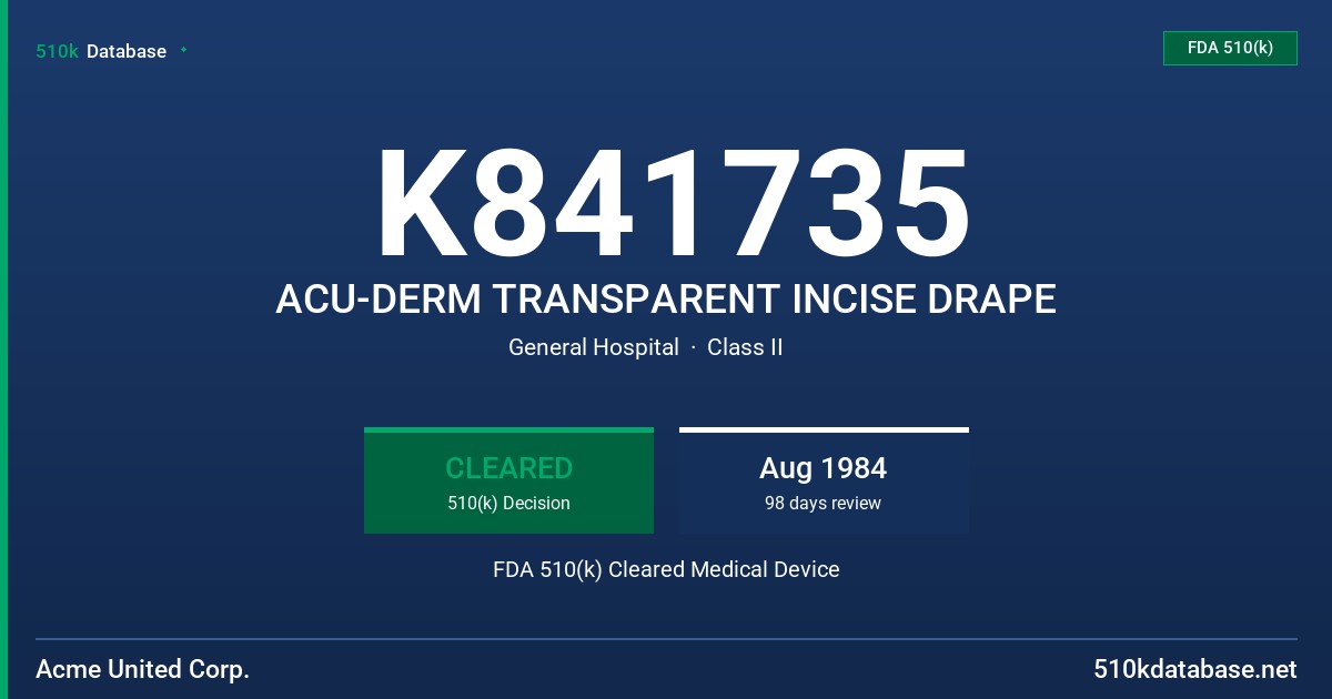 K841735 ACU-DERM TRANSPARENT INCISE DRAPE FDA 510(k) Cleared Medical Device