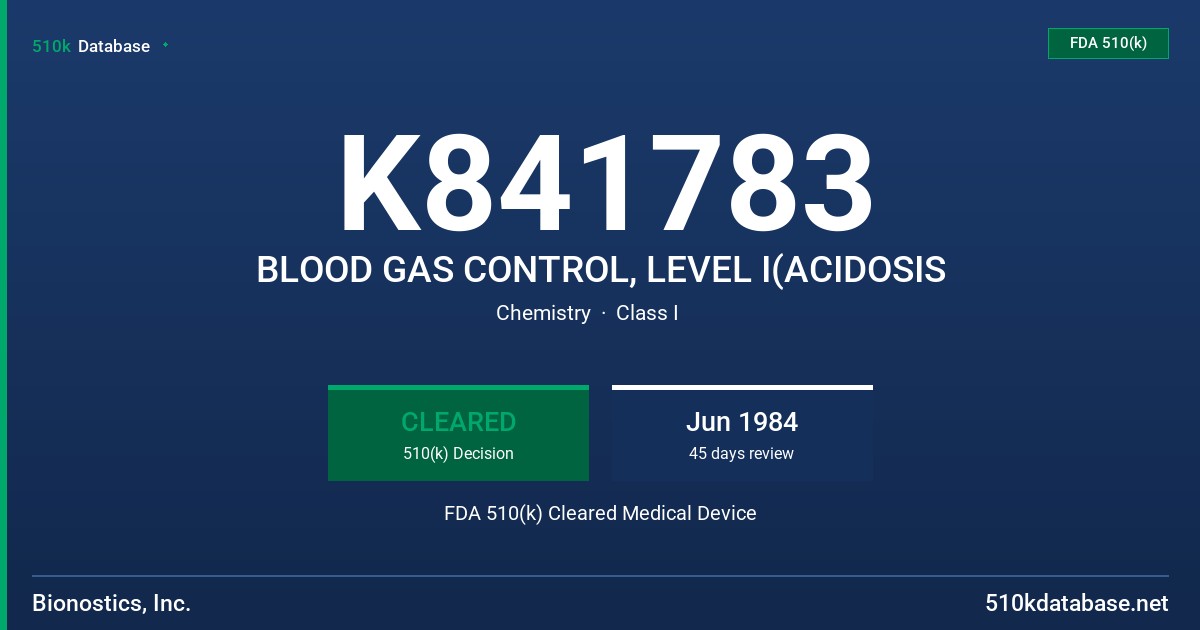 K841783 BLOOD GAS CONTROL, LEVEL I(ACIDOSIS FDA 510(k) Cleared Medical Device