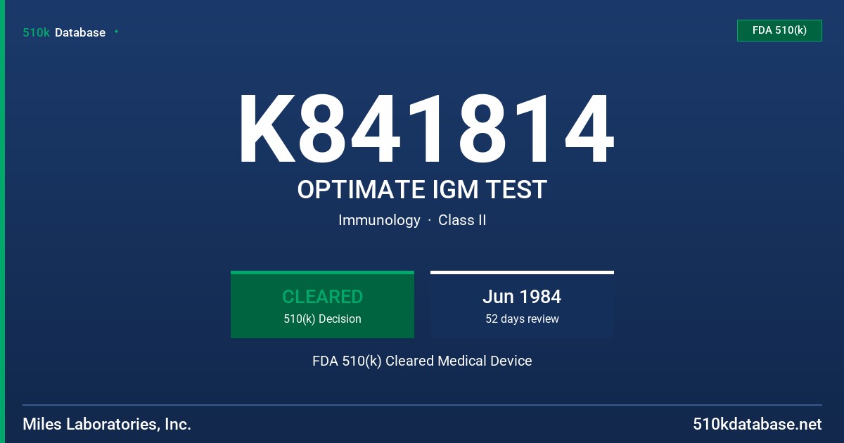 K841814 OPTIMATE IGM TEST FDA 510(k) Cleared Medical Device