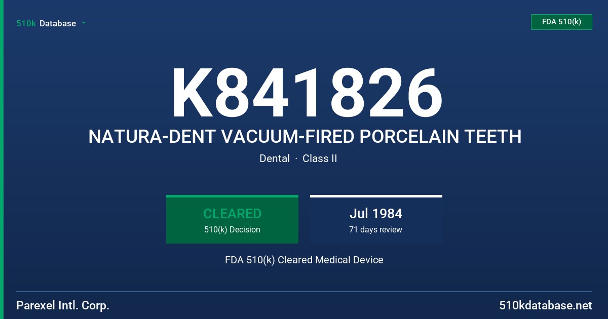 K841826 NATURA-DENT VACUUM-FIRED PORCELAIN TEETH FDA 510(k) Cleared Medical Device