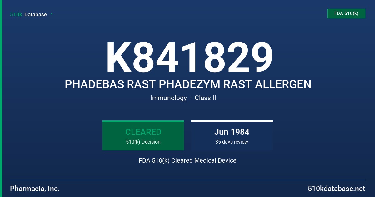 K841829 PHADEBAS RAST PHADEZYM RAST ALLERGEN FDA 510(k) Cleared Medical Device