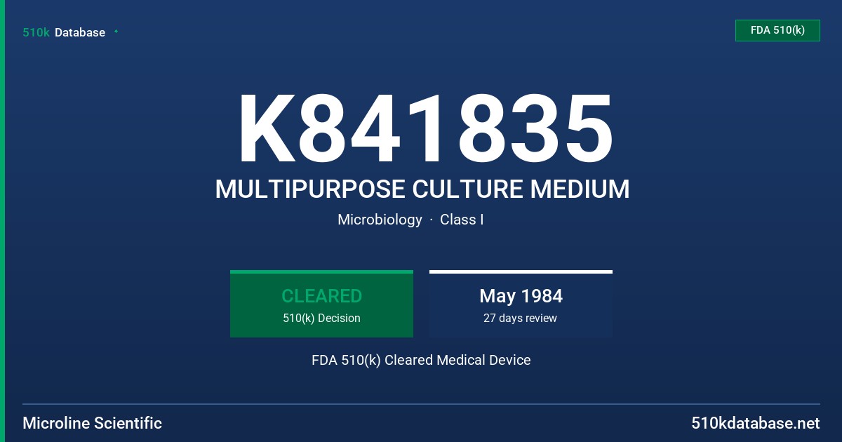 K841835 MULTIPURPOSE CULTURE MEDIUM FDA 510(k) Cleared Medical Device