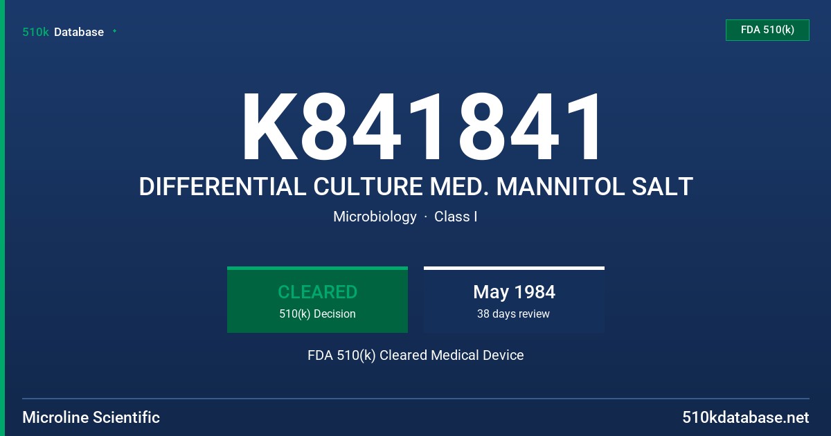 K841841 DIFFERENTIAL CULTURE MED. MANNITOL SALT FDA 510(k) Cleared Medical Device