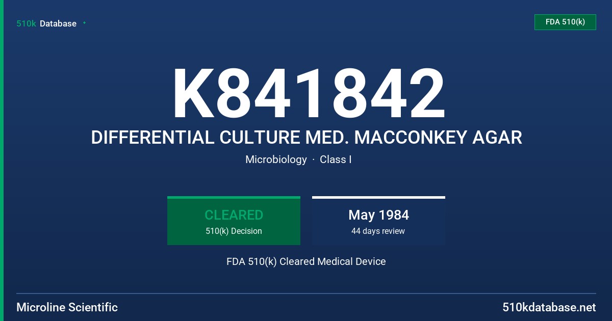 K841842 DIFFERENTIAL CULTURE MED. MACCONKEY AGAR FDA 510(k) Cleared Medical Device