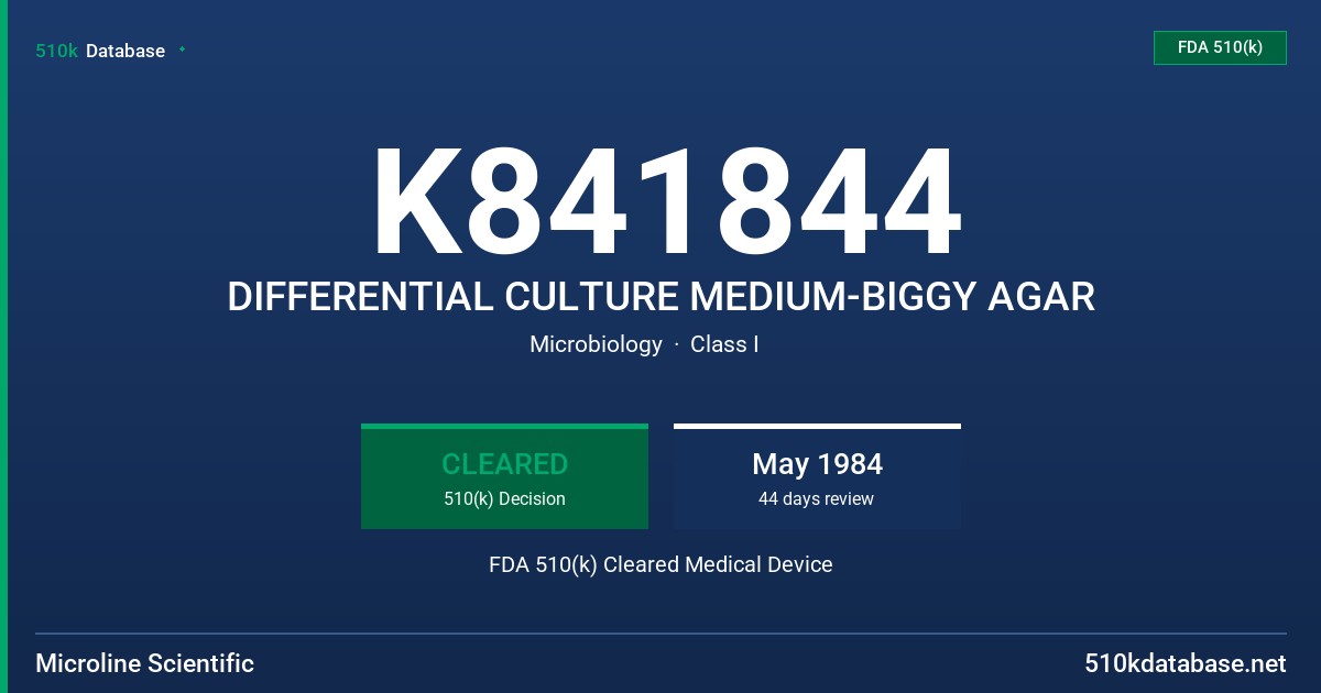 K841844 DIFFERENTIAL CULTURE MEDIUM-BIGGY AGAR FDA 510(k) Cleared Medical Device