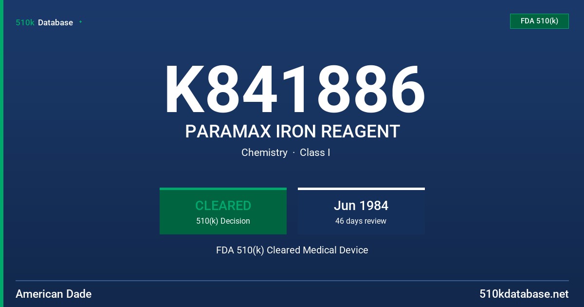 K841886 PARAMAX IRON REAGENT FDA 510(k) Cleared Medical Device