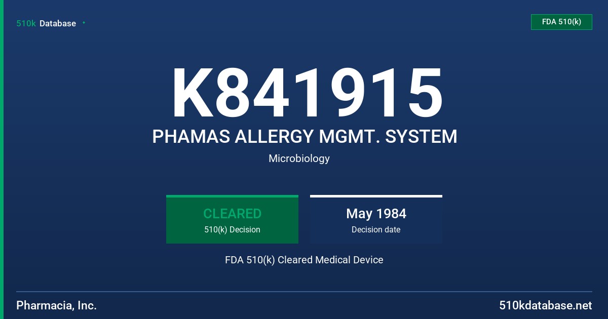 K841915 PHAMAS ALLERGY MGMT. SYSTEM FDA 510(k) Cleared Medical Device