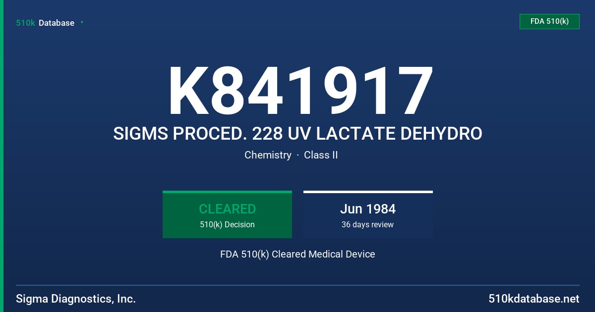 K841917 SIGMS PROCED. 228 UV LACTATE DEHYDRO FDA 510(k) Cleared Medical Device