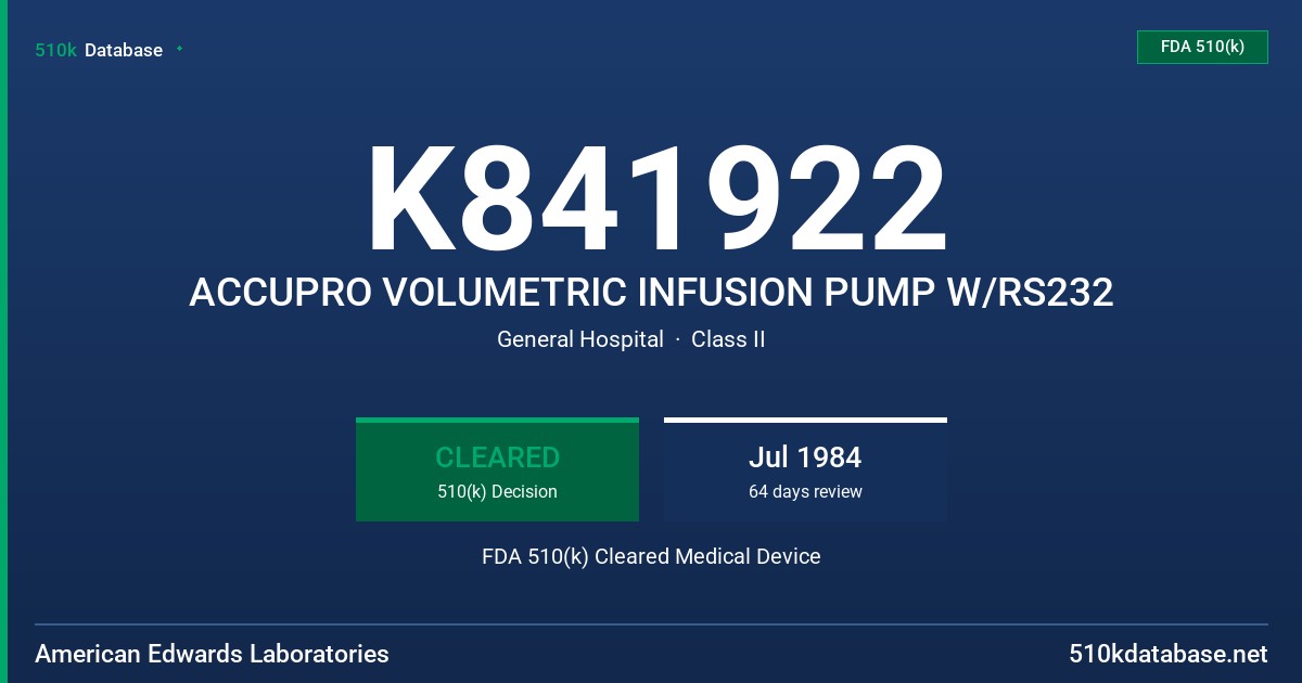 K841922 ACCUPRO VOLUMETRIC INFUSION PUMP W/RS232 FDA 510(k) Cleared Medical Device