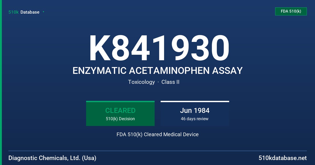 K841930 ENZYMATIC ACETAMINOPHEN ASSAY FDA 510(k) Cleared Medical Device
