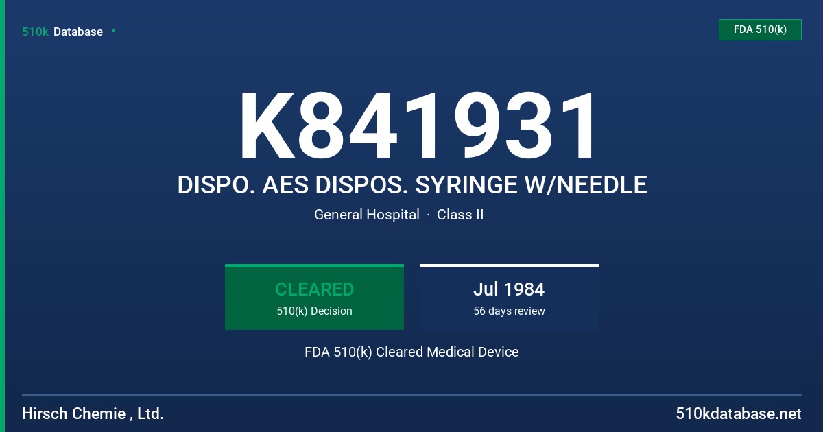 K841931 DISPO. AES DISPOS. SYRINGE W/NEEDLE FDA 510(k) Cleared Medical Device