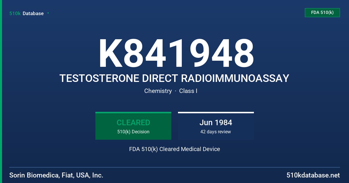 K841948 TESTOSTERONE DIRECT RADIOIMMUNOASSAY FDA 510(k) Cleared Medical Device