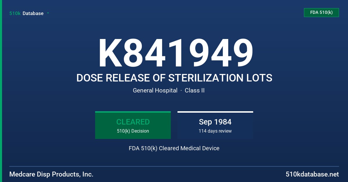 K841949 DOSE RELEASE OF STERILIZATION LOTS FDA 510(k) Cleared Medical Device