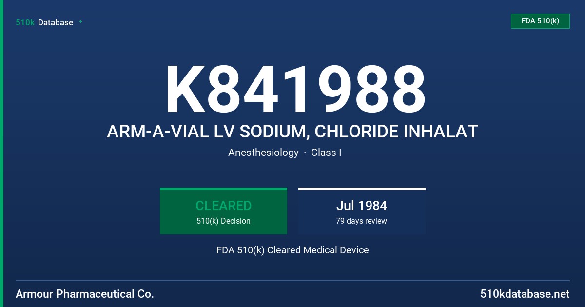 K841988 ARM-A-VIAL LV SODIUM, CHLORIDE INHALAT FDA 510(k) Cleared Medical Device