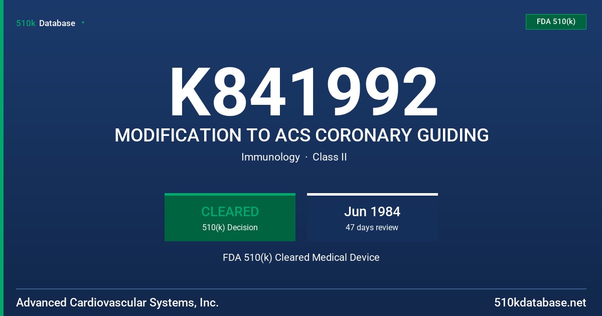 K841992 MODIFICATION TO ACS CORONARY GUIDING FDA 510(k) Cleared Medical Device