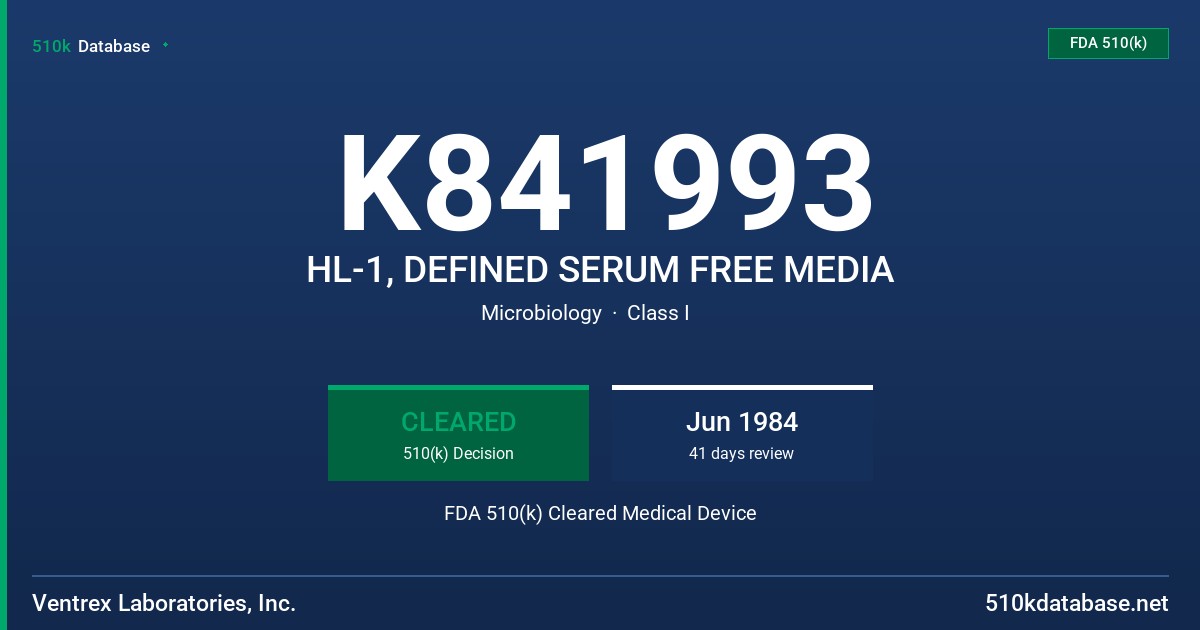 K841993 HL-1, DEFINED SERUM FREE MEDIA FDA 510(k) Cleared Medical Device