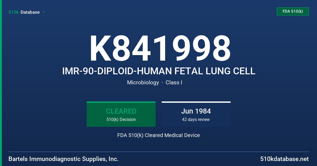 K841998 IMR-90-DIPLOID-HUMAN FETAL LUNG CELL FDA 510(k) Cleared Medical Device