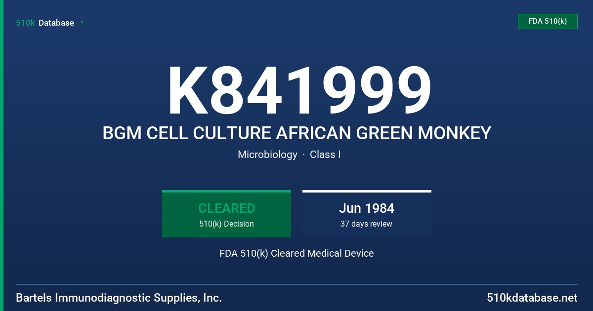 K841999 BGM CELL CULTURE AFRICAN GREEN MONKEY FDA 510(k) Cleared Medical Device