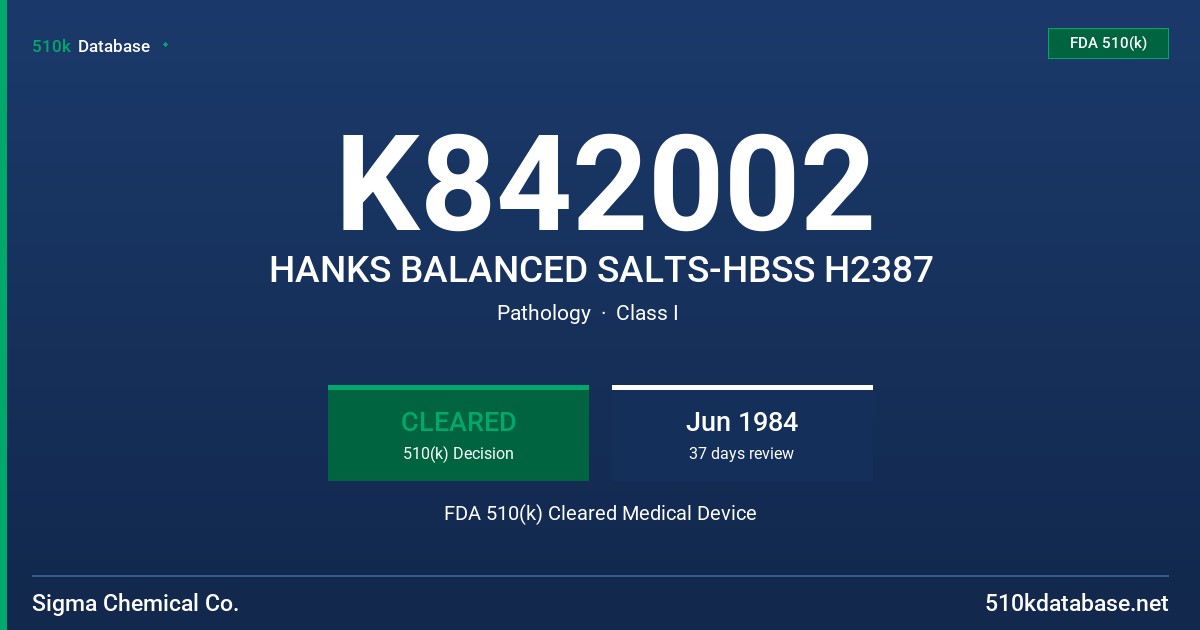 K842002 HANKS BALANCED SALTS-HBSS H2387 FDA 510(k) Cleared Medical Device