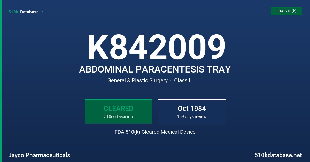 K842009 ABDOMINAL PARACENTESIS TRAY FDA 510(k) Cleared Medical Device