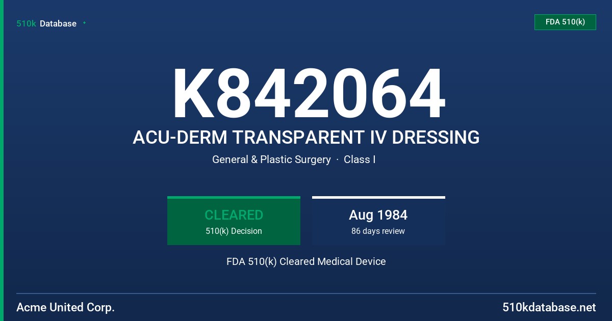 K842064 ACU-DERM TRANSPARENT IV DRESSING FDA 510(k) Cleared Medical Device