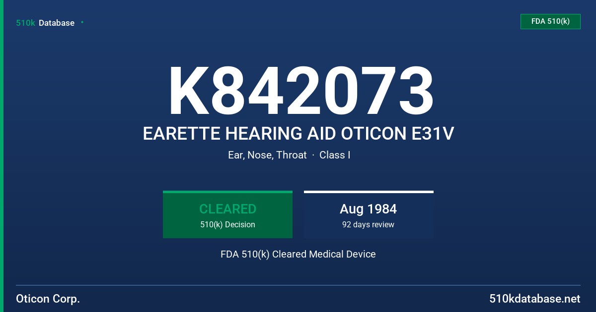 K842073 EARETTE HEARING AID OTICON E31V FDA 510(k) Cleared Medical Device
