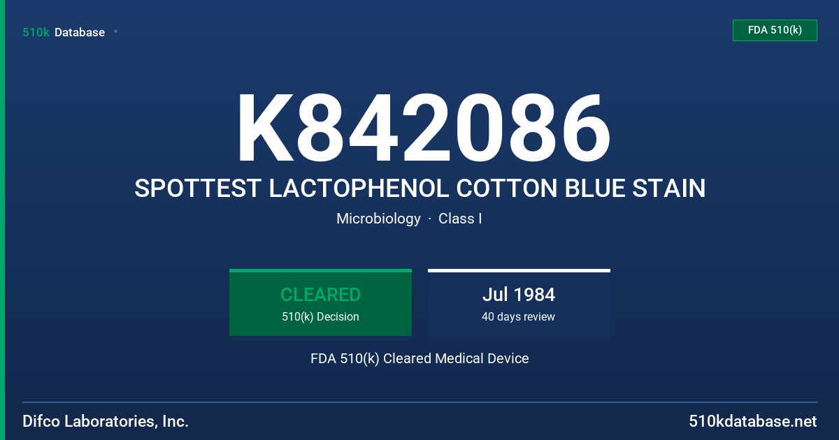 K842086 SPOTTEST LACTOPHENOL COTTON BLUE STAIN FDA 510(k) Cleared Medical Device