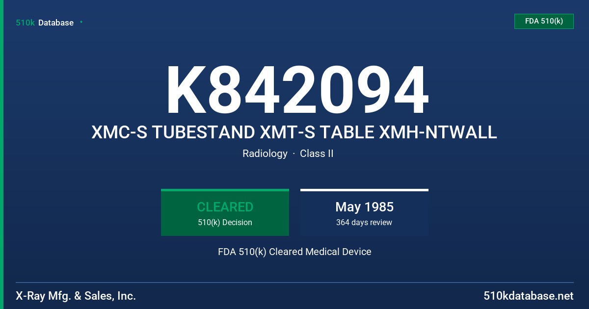 K842094 XMC-S TUBESTAND XMT-S TABLE XMH-NTWALL FDA 510(k) Cleared Medical Device