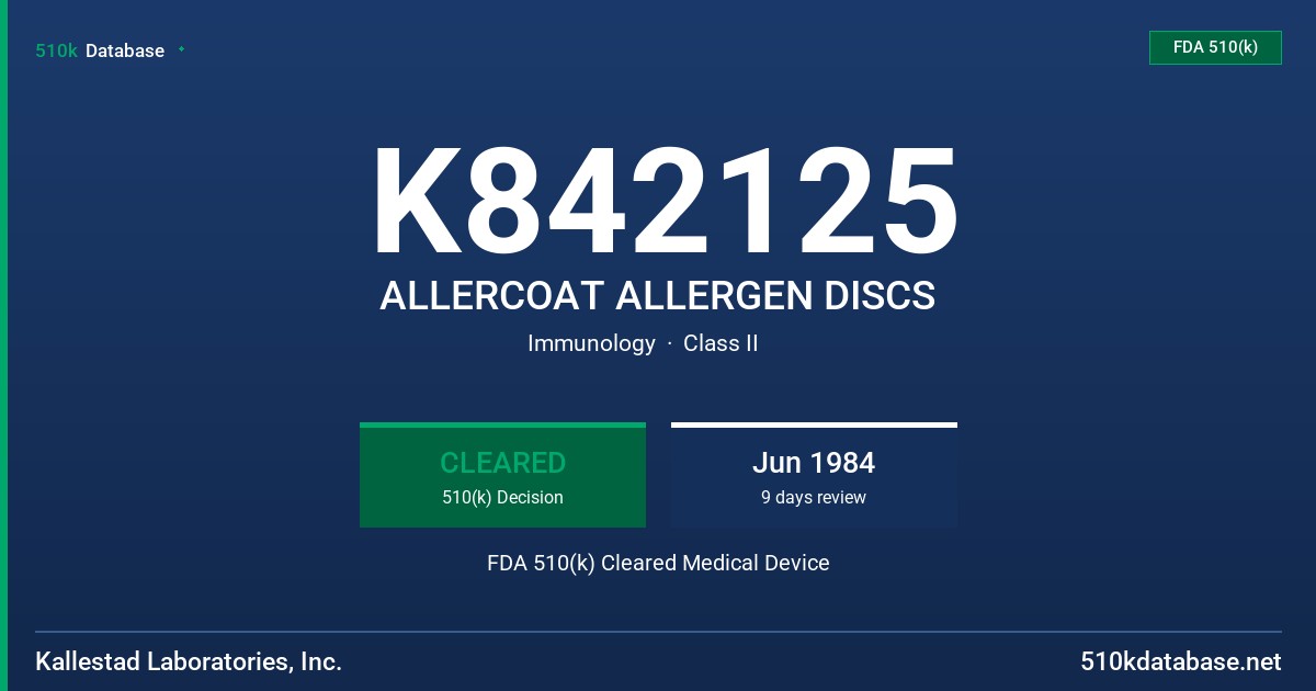 K842125 ALLERCOAT ALLERGEN DISCS FDA 510(k) Cleared Medical Device