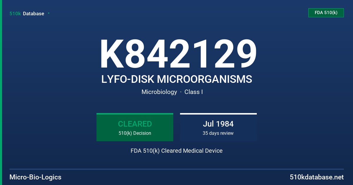 K842129 LYFO-DISK MICROORGANISMS FDA 510(k) Cleared Medical Device