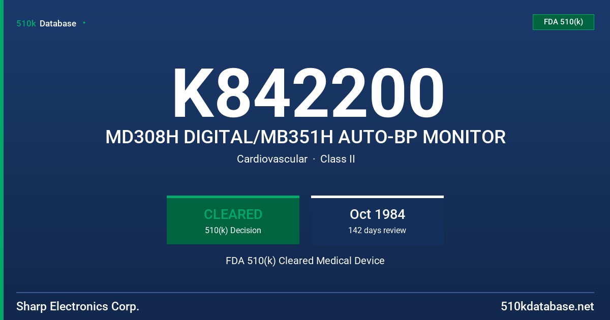 K842200 MD308H DIGITAL/MB351H AUTO-BP MONITOR FDA 510(k) Cleared Medical Device