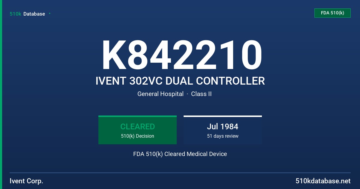 K842210 IVENT 302VC DUAL CONTROLLER FDA 510(k) Cleared Medical Device