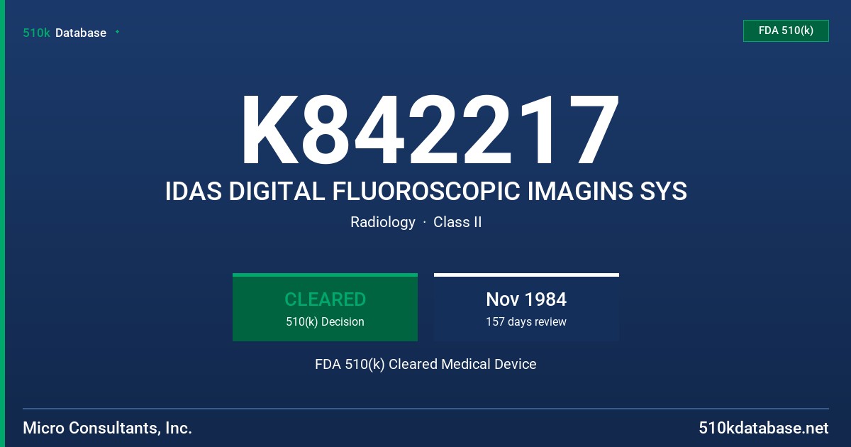 K842217 IDAS DIGITAL FLUOROSCOPIC IMAGINS SYS FDA 510(k) Cleared Medical Device