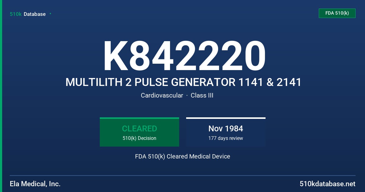 K842220 MULTILITH 2 PULSE GENERATOR 1141 & 2141 FDA 510(k) Cleared Medical Device